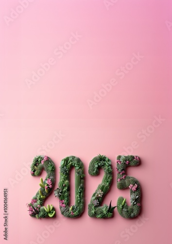 New Year 2025 letters made of cacti and succulent plants against pastel pink background. Nature, eco friendly celebration