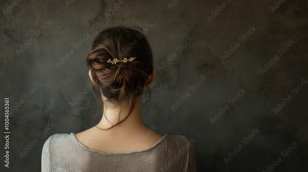 Back view of a young woman on a gray background sporting a pretty hair clip Back view of a young woman on a gray background sporting a pretty hair clip