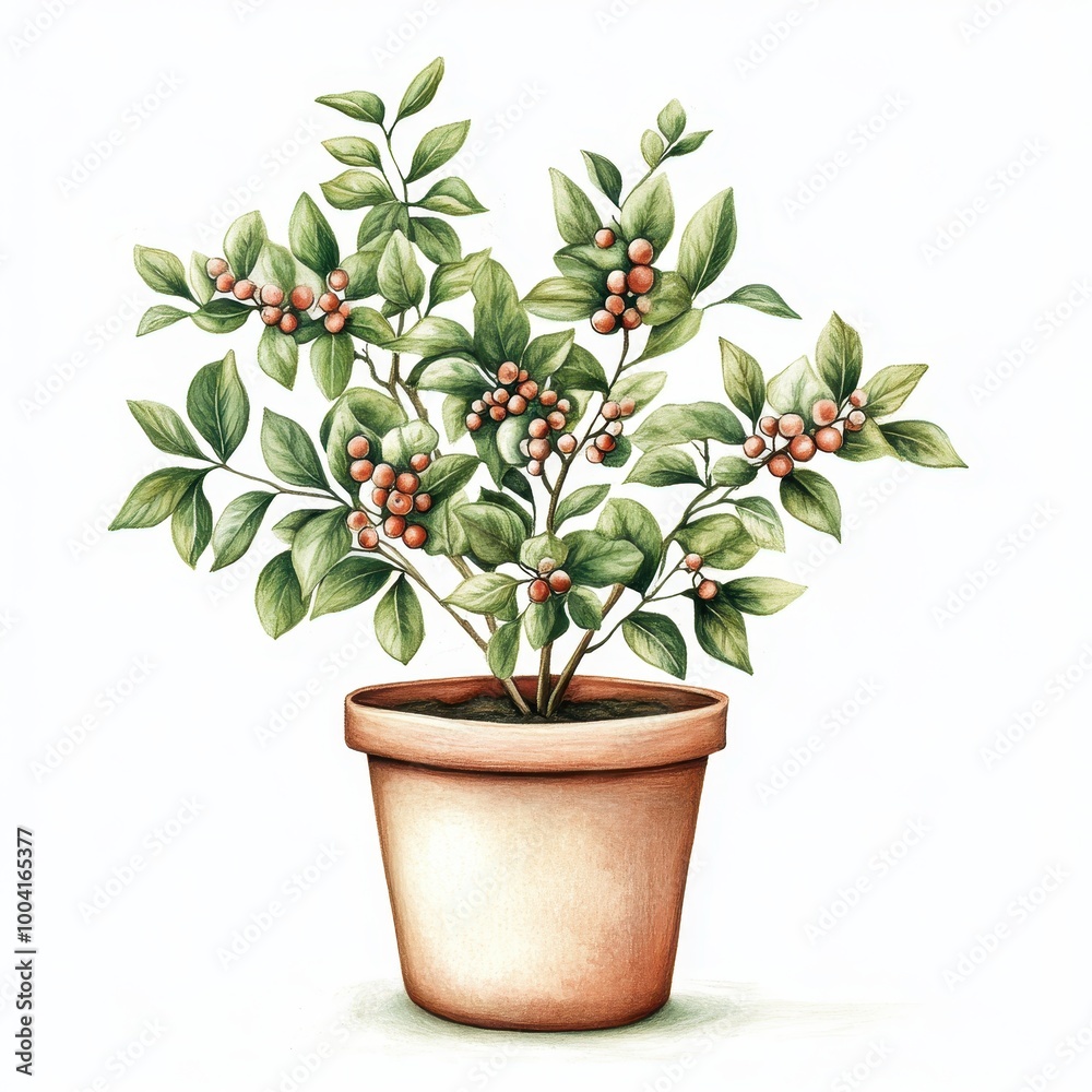Fototapeta premium A potted plant with green leaves and red berries, showcasing natural beauty and decor.