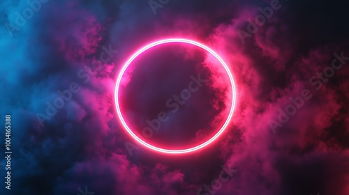 A glowing pink neon circle in front of a dark pink and blue smoke background.