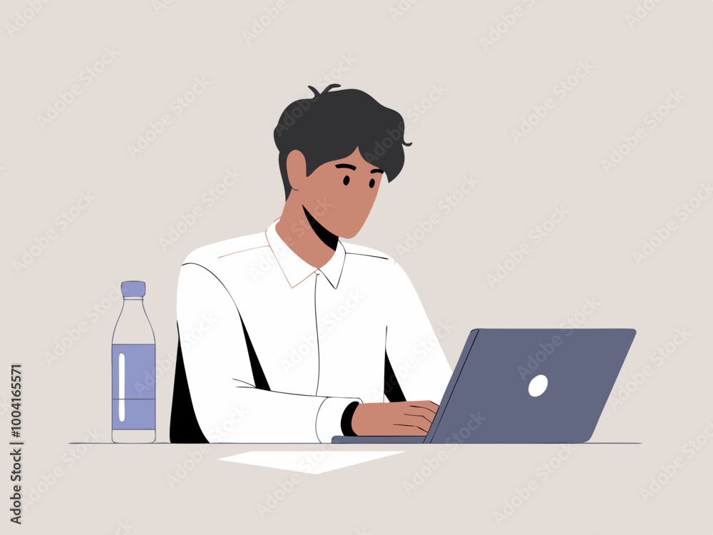 Person working on laptop with water bottle on table Person working on laptop with water bottle on table
