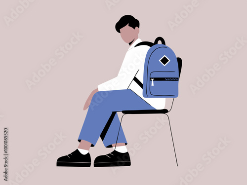Person sitting on a chair with a blue backpack illustration