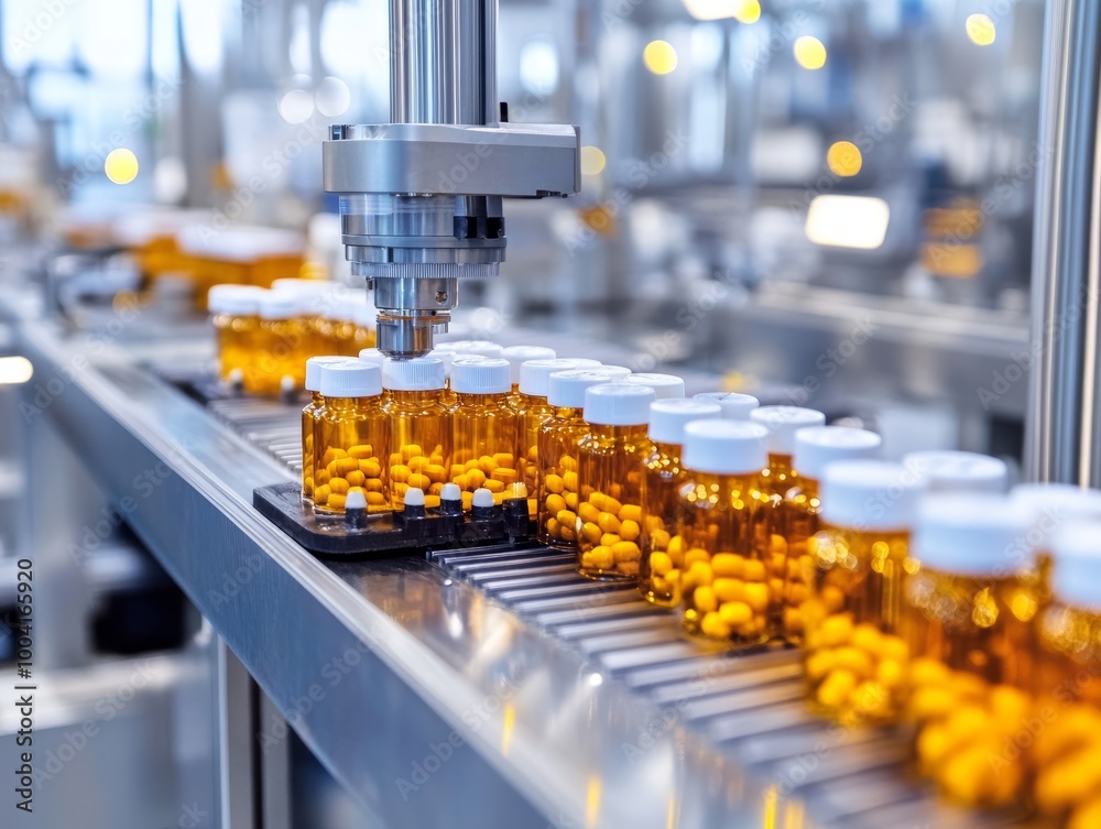 Pharmaceutical Production Line with Pill Bottles and Automatic Filling Machine. Pharmaceutical Production Line with Pill Bottles and Automatic Filling Machine.