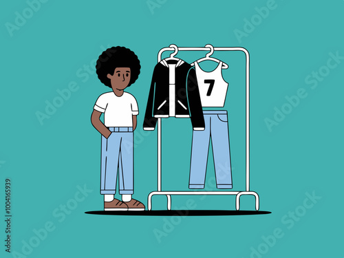 Person standing next to a clothing rack with casual outfits