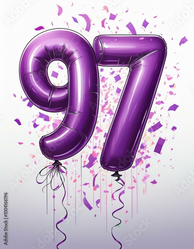 Purple birthday / anniversary balloon, number 97, white background with confetti photo