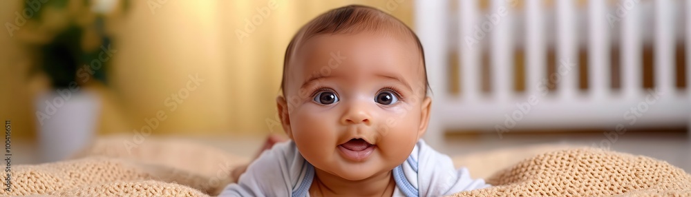 Infant baby enjoying tummy time on a cozy blanket, bathed in soft natural light, Baby play, home warmth, comfort Infant baby enjoying tummy time on a cozy blanket, bathed in soft natural light, Baby play, home warmth, comfort