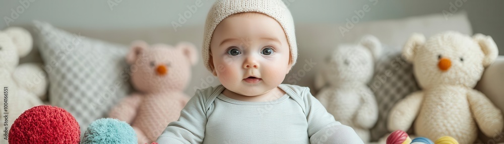 Infant baby exploring soft toys in a cozy corner of a living room, Baby play, warm environment, comfort Infant baby exploring soft toys in a cozy corner of a living room, Baby play, warm environment, comfort