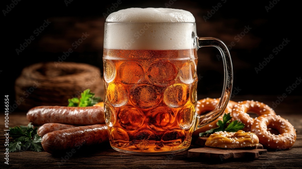 a closeup of a frothy beer in a glass stein placed on a wooden table surrounded by traditional German sausages pretzels mustard and Oktoberfest decorations captured in vibrant colors a closeup of a frothy beer in a glass stein placed on a wooden table surrounded by traditional German sausages pretzels mustard and Oktoberfest decorations captured in vibrant colors