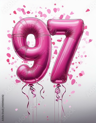 Pink birthday / anniversary balloon, number 97, white background with confetti photo