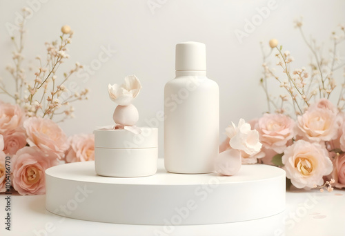 clean minimalist product display with soft floral accents creates serene atmosphere
