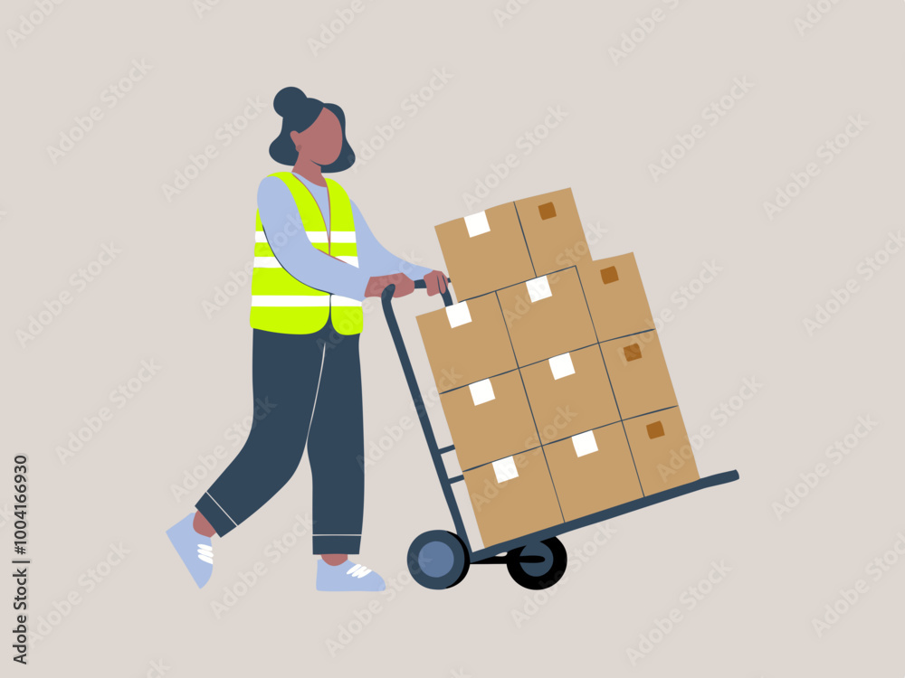 Worker pushing hand truck with cardboard boxes Worker pushing hand truck with cardboard boxes