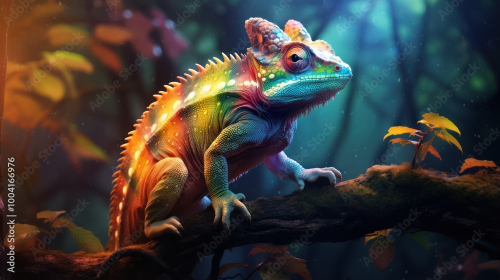 Obraz premium Vibrant Chameleon in Natural Habitat. Colorful Reptile on Tree Branch with Lush Forest Background