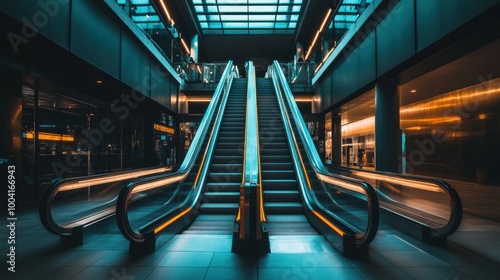 An elevator in a shopping center. The subway and the automated escalator in the hospital photo