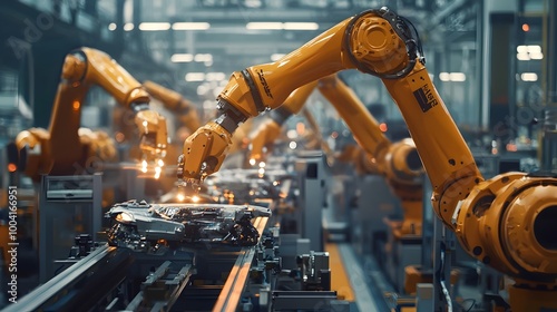 High-Tech Industrial Robots Assembling Automotive Parts on Production Line