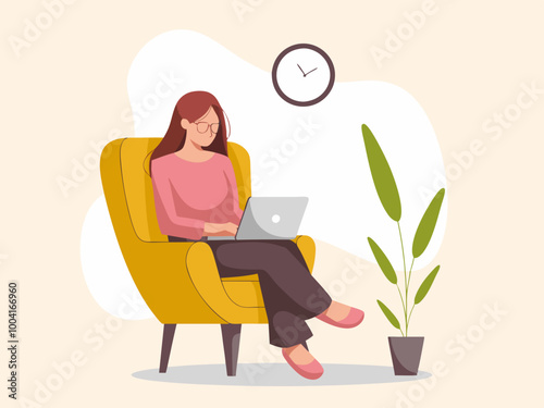 Woman working on a laptop in a yellow armchair