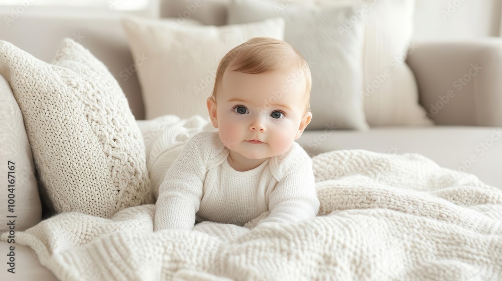 Infant baby lying on a soft blanket, surrounded by cozy pillows in a warm living room, Baby at home, comfort, relaxation Infant baby lying on a soft blanket, surrounded by cozy pillows in a warm living room, Baby at home, comfort, relaxation
