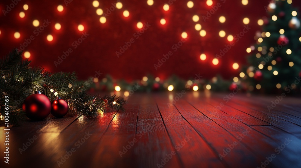 Christmas Wall Background with Dark Wooden Floor Twinkling Bokeh Lights Christmas Wall Background with Dark Wooden Floor Twinkling Bokeh Lights