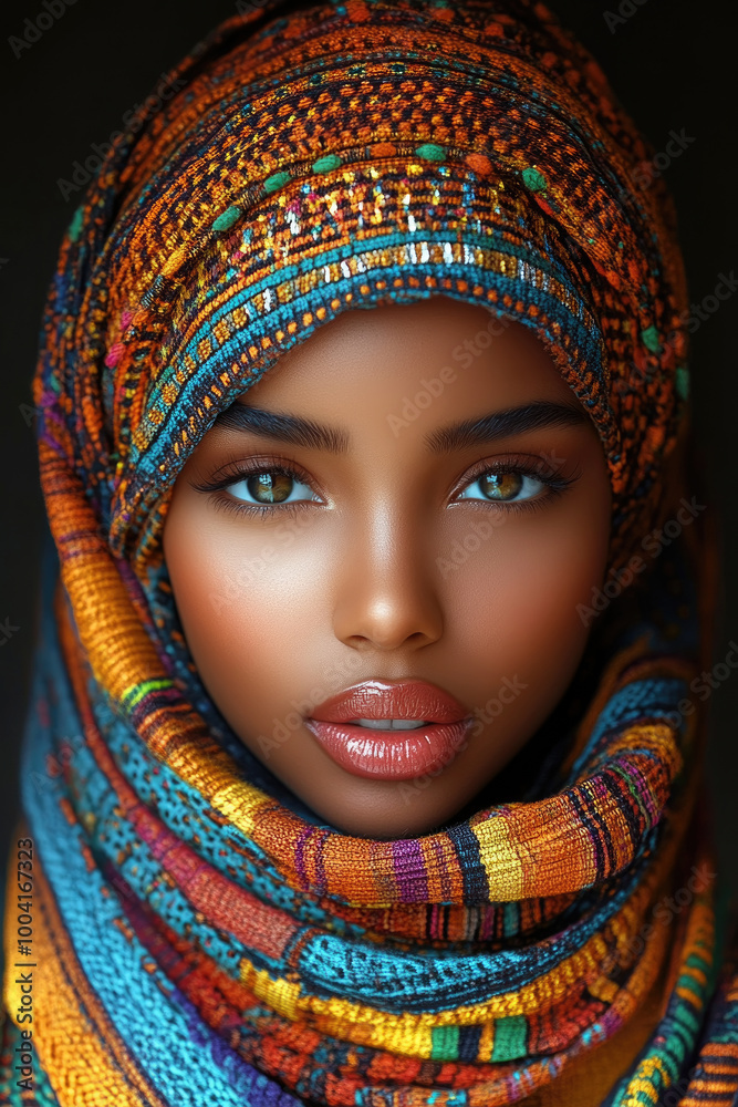 A young woman adorned in a beautifully patterned headscarf reveals her captivating blue eyes, exuding elegance and charm in a close-up shot A young woman adorned in a beautifully patterned headscarf reveals her captivating blue eyes, exuding elegance and charm in a close-up shot