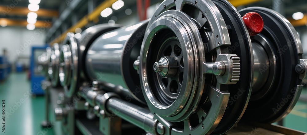 A close-up side view photo captures a highly detailed futuristic machine amidst an industrial setting with intricate gears and pipes illuminated by dynamic lighting A close-up side view photo captures a highly detailed futuristic machine amidst an industrial setting with intricate gears and pipes illuminated by dynamic lighting