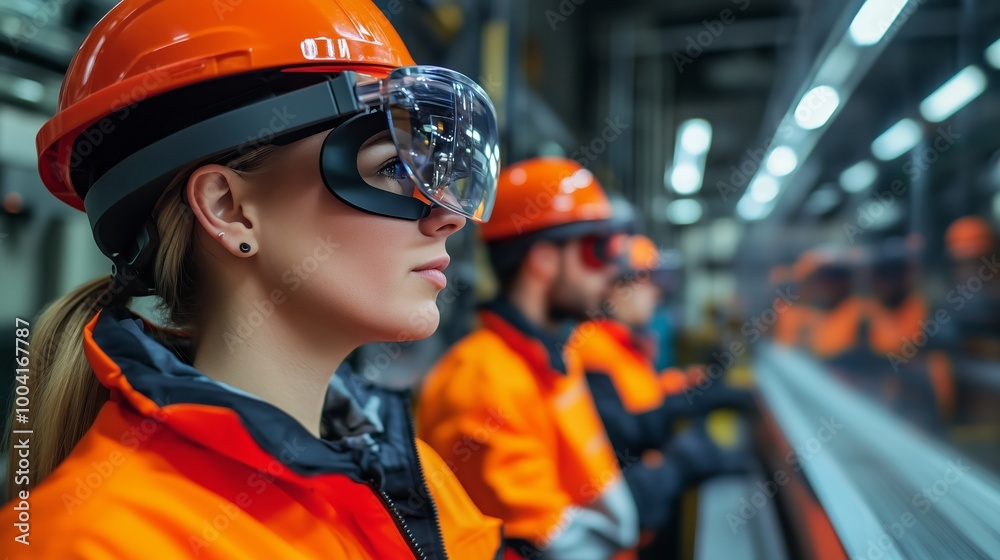 Workers wearing safety gear in a manufacturing facility focus on a production line during daytime operations Workers wearing safety gear in a manufacturing facility focus on a production line during daytime operations