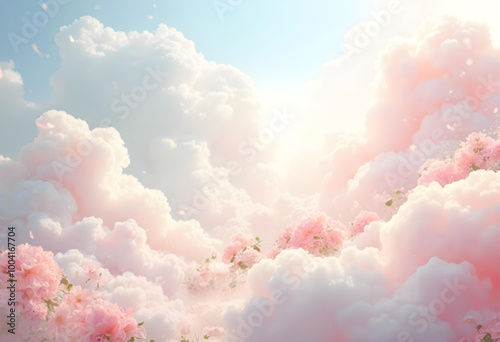 Fototapeta Naklejka Na Ścianę i Meble -  Dreamy pink clouds with soft flowers create ethereal backdrop