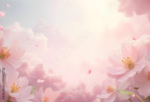 Dreamy pink flowers against soft pastel sky create serene atmosphere