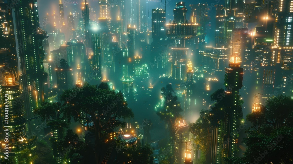 Fototapeta premium Futuristic city with skyscrapers in the fog at night