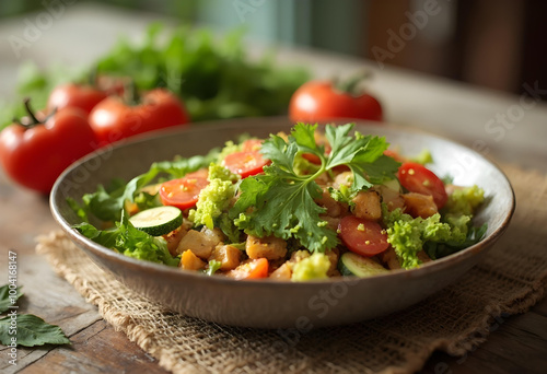 Fresh salad with tomatoes, lettuce, and herbs for healthy meal