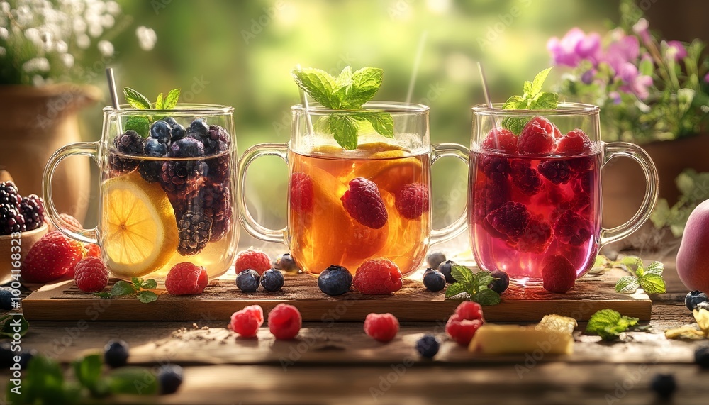 Fruit Infusions in a Digital Display with Ice Cubes Berries Fruit Infusions in a Digital Display with Ice Cubes Berries