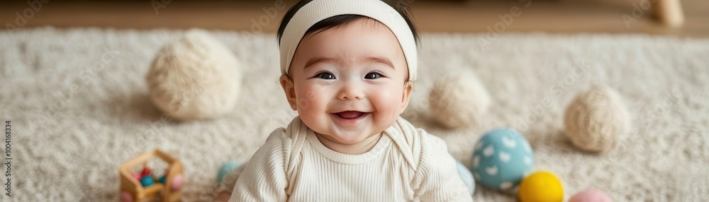 Infant baby smiling while playing on a plush rug with soft toys in a cozy living room, Baby playtime, warmth, home comfort Infant baby smiling while playing on a plush rug with soft toys in a cozy living room, Baby playtime, warmth, home comfort