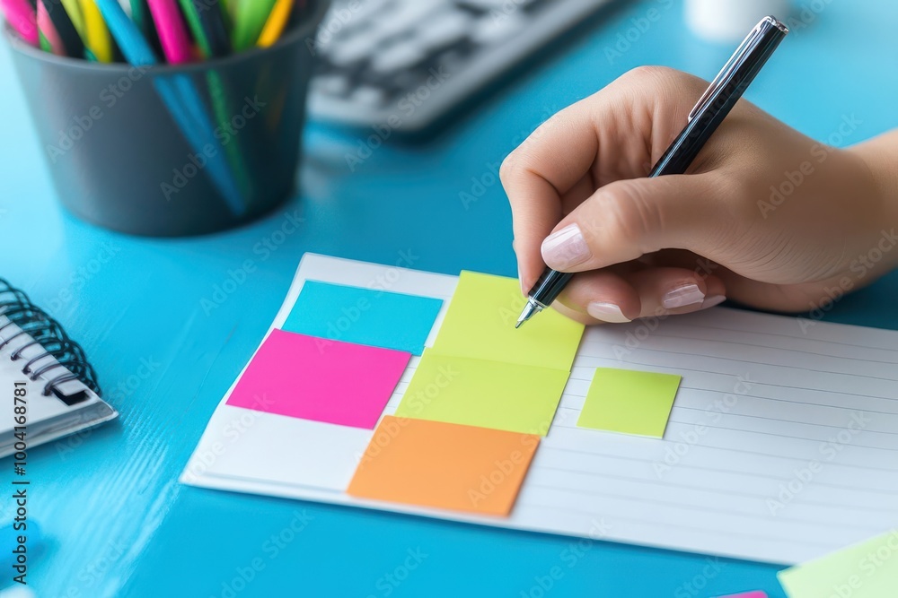 A hand writing down key points on a sticky note during a consulting session, consulting notes, quick business ideas A hand writing down key points on a sticky note during a consulting session, consulting notes, quick business ideas