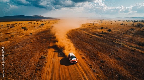 Rally car racing across the rugged sun-drenched plains of Kenya in the Safari Rally with dust clouds and wildlife in an aerial action shot