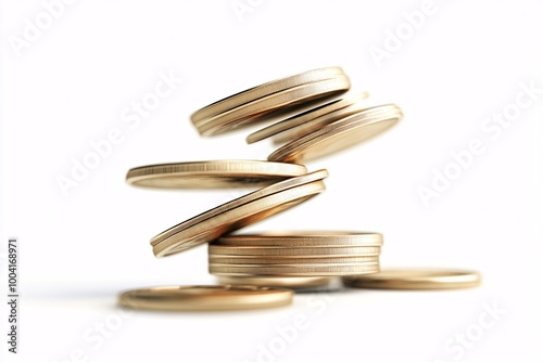 A stack of golden coins falling isolated on white background