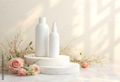 Minimalist product display featuring white bottles and soft floral accents