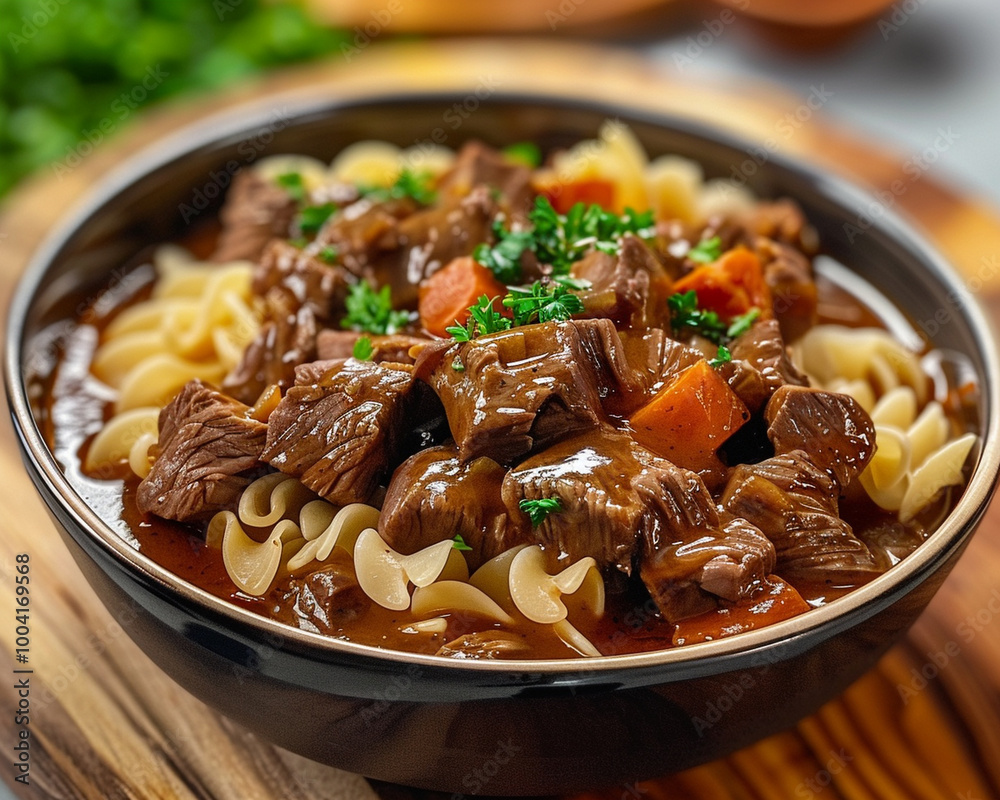 Hearty beef stew served over egg noodles, featuring tender chunks of beef, carrots, and rich gravy, garnished with fresh parsley for comforting meal Hearty beef stew served over egg noodles, featuring tender chunks of beef, carrots, and rich gravy, garnished with fresh parsley for comforting meal