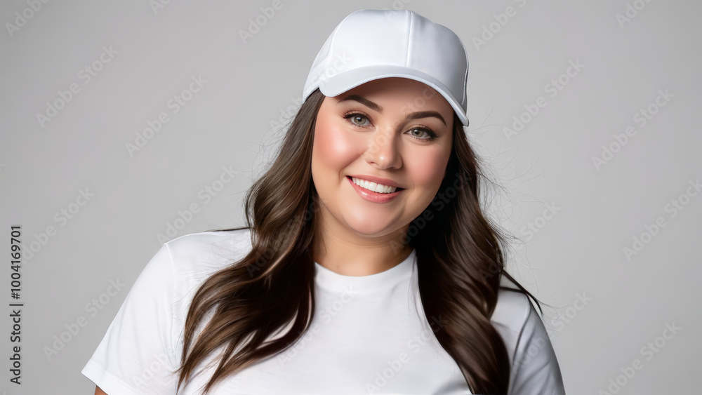 Plus size woman wearing white t-shirt and white baseball cap isolated on grey background Plus size woman wearing white t-shirt and white baseball cap isolated on grey background