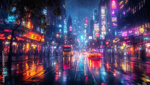 Cyberpunk city street, sky hidden by massive buildings, wet from condensation, neon lights reflecting off surfaces, futuristic vibe