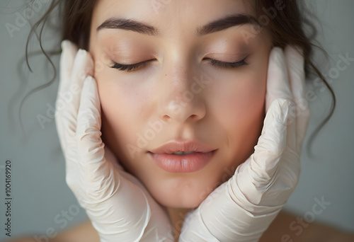 serene female face gently held by gloved hands, conveying calmness and care