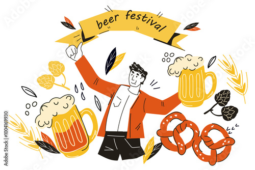 Oktoberfest, beer festival emblem or poster design, doodle style vector illustration isolated on white background.