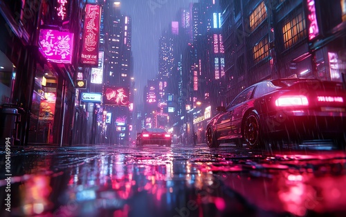 Cyberpunk street scene, buildings blocking sky, wet from condensation, neon illumination, hightech urban setting