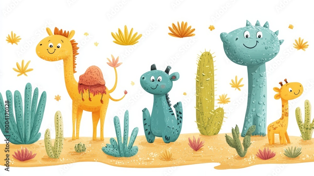 Whimsical Desert Animal Collection, vibrant cartoon characters showcasing diverse desert wildlife in playful poses and bright colors.