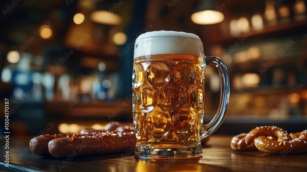 a closeup of a frothy beer in a glass stein placed on a wooden table surrounded by traditional German sausages pretzels mustard and Oktoberfest decorations captured in vibrant colors a closeup of a frothy beer in a glass stein placed on a wooden table surrounded by traditional German sausages pretzels mustard and Oktoberfest decorations captured in vibrant colors
