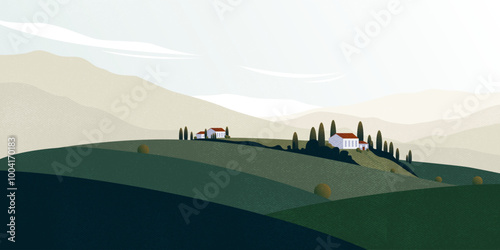Italian nature landscape poster. Geometric abstract background with mountains and hills, vintage banner with old italian houses. Vector illustration