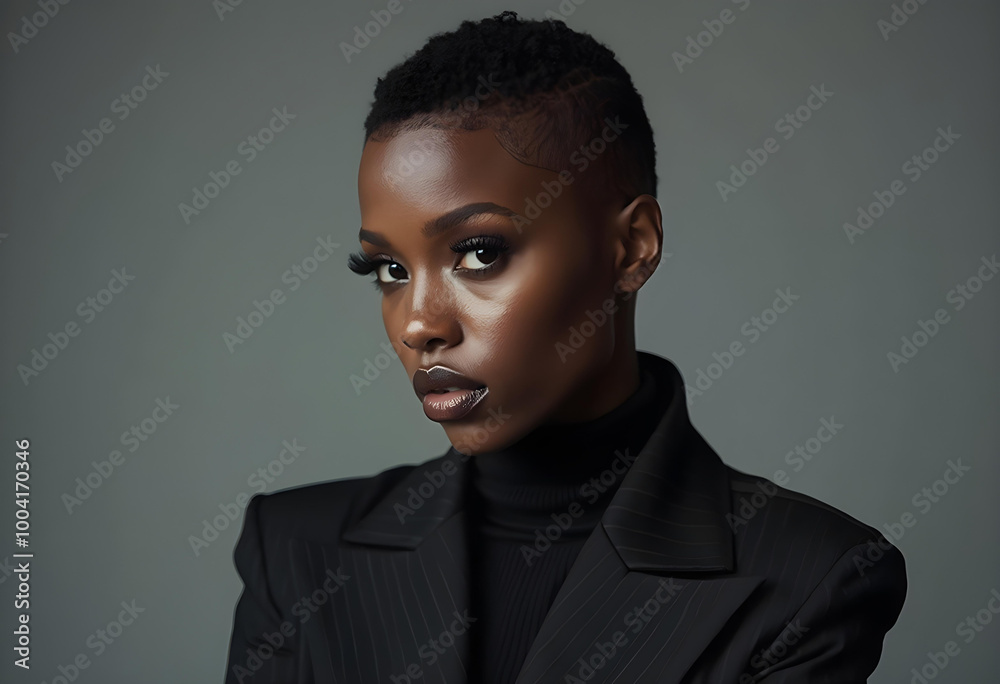 Obraz premium Stylish young black woman with edgy buzz cut and striking features