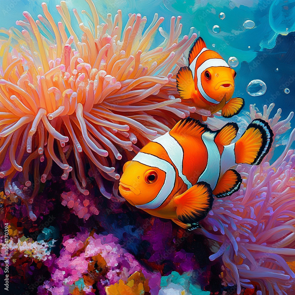 A vibrant underwater scene featuring two clownfish swimming among colorful coral and sea anemones, creating lively and enchanting atmosphere A vibrant underwater scene featuring two clownfish swimming among colorful coral and sea anemones, creating lively and enchanting atmosphere