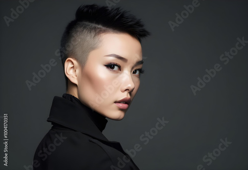 Stylish young Asian woman with edgy buzz cut and striking features