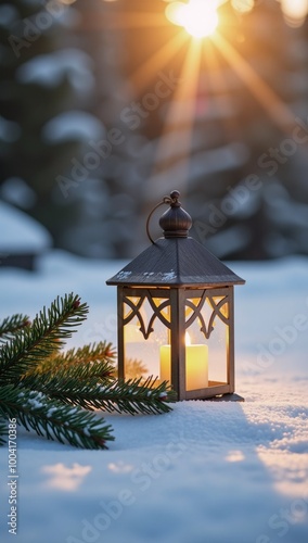 A snowy Christmas lantern with a fir branch glows in sunlight against winter decorations