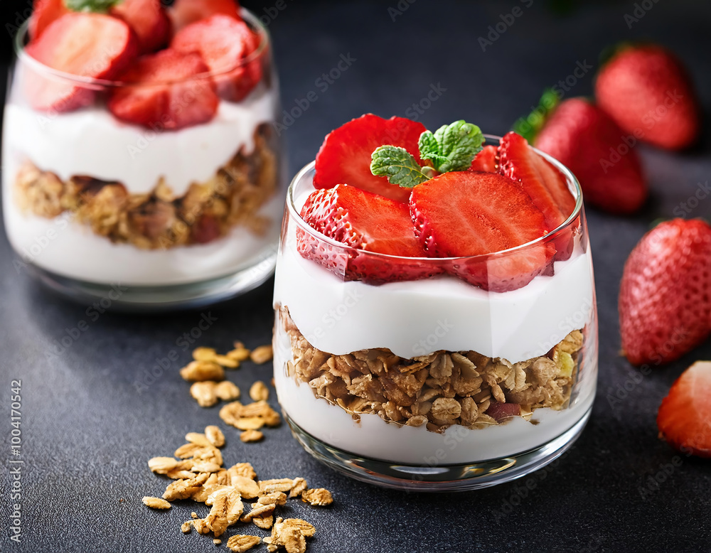 Greek yogurt parfait with fresh strawberries and granola in glass Greek yogurt parfait with fresh strawberries and granola in glass