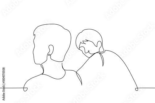 man looks from the side at a man sitting next to him who is not looking at him - one line art vector. Concept envy, love, crush, authority, deskmate