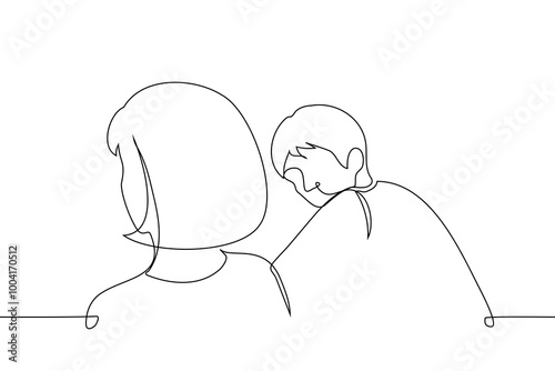 man looks from the side at a woman sitting next to him who is not looking at him - one line art vector. Concept envy, love crush, authority, deskmate, love, stalke